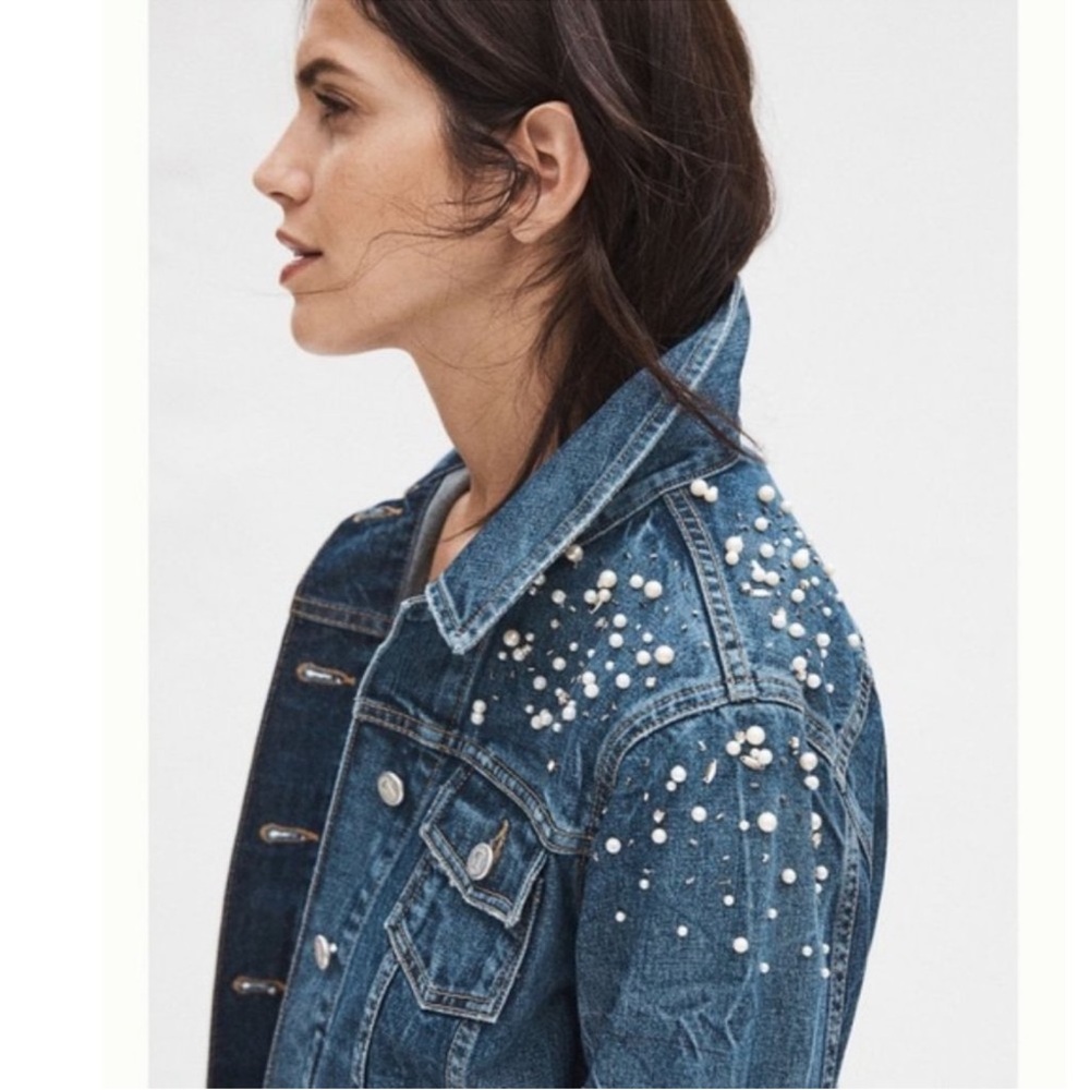 Pilcro & The Letterpress Anthropologie Pearl Denim Embellished Jean Jacket XS - Picture 4 of 9